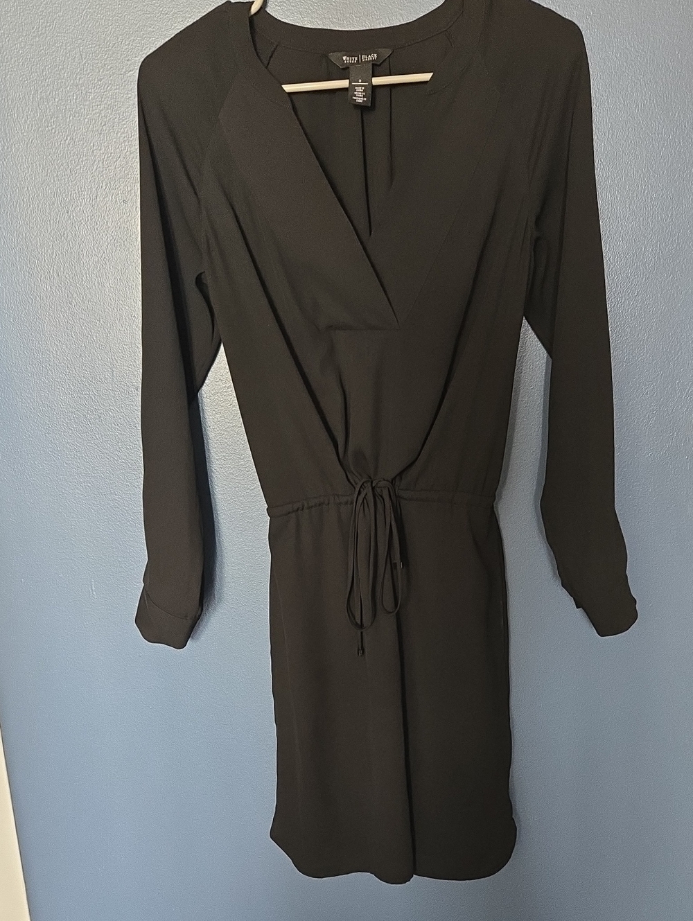 White House Black Market Black Long-Sleeve V-Neck Drawstring Dress